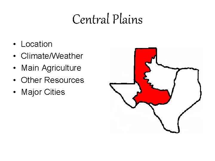 Central Plains • • • Location Climate/Weather Main Agriculture Other Resources Major Cities 