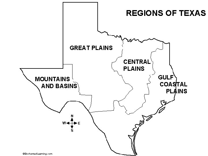 REGIONS OF TEXAS GREAT PLAINS CENTRAL PLAINS MOUNTAINS AND BASINS GULF COASTAL PLAINS 