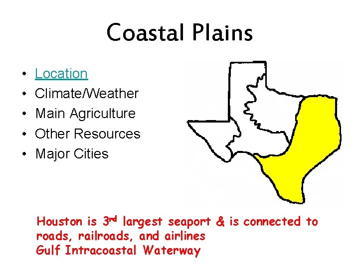 Coastal Plains • • • Location Climate/Weather Main Agriculture Other Resources Major Cities Houston