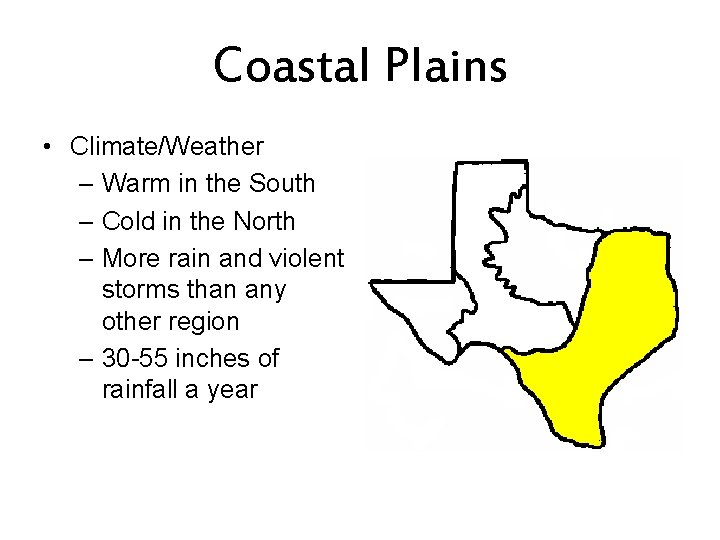 Coastal Plains • Climate/Weather – Warm in the South – Cold in the North