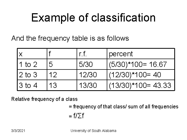 Example of classification And the frequency table is as follows x 1 to 2