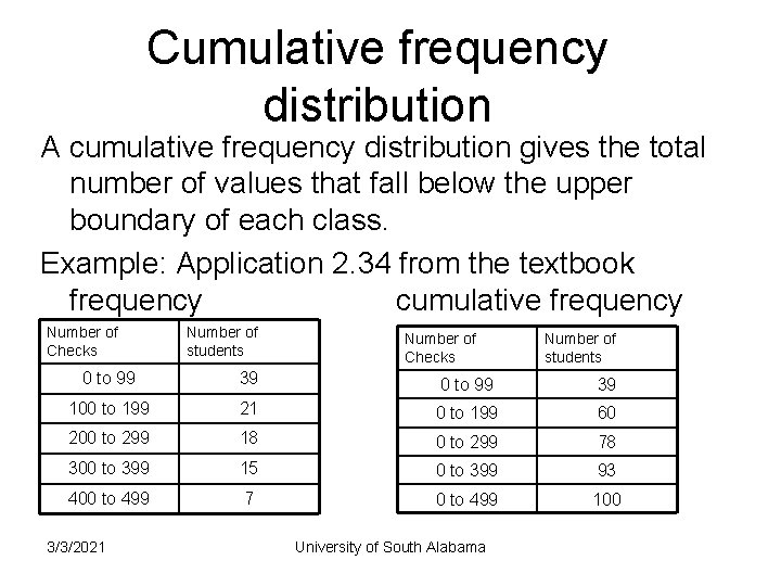 Cumulative frequency distribution A cumulative frequency distribution gives the total number of values that