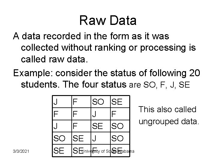Raw Data A data recorded in the form as it was collected without ranking