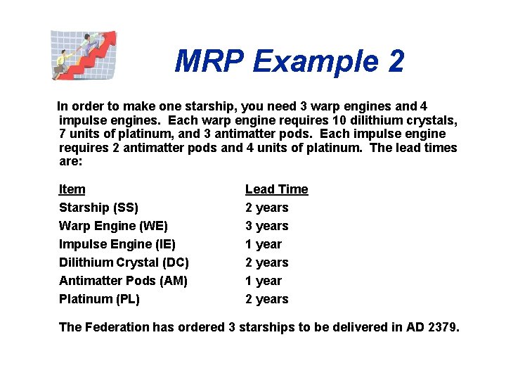 MRP Example 2 In order to make one starship, you need 3 warp engines