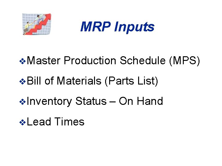 MRP Inputs v. Master Production Schedule (MPS) v. Bill of Materials (Parts List) v.