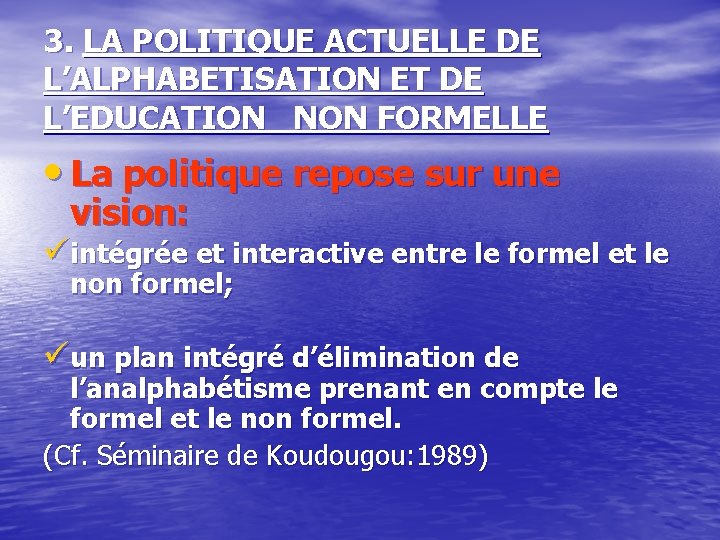 3. LA POLITIQUE ACTUELLE DE L’ALPHABETISATION ET DE L’EDUCATION NON FORMELLE • La politique