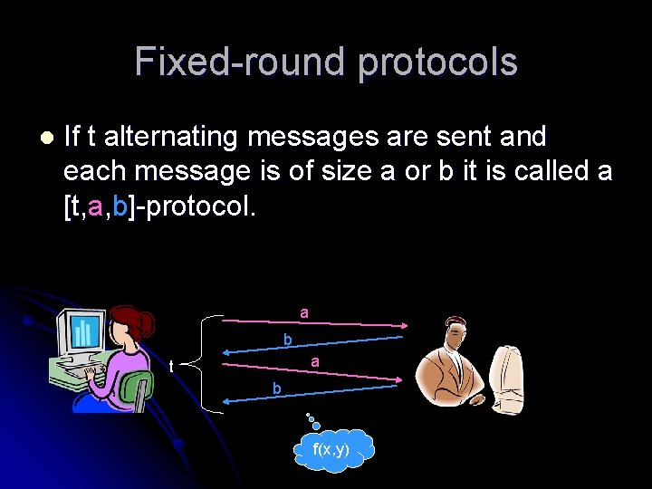 Fixed-round protocols l If t alternating messages are sent and each message is of