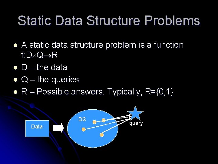 Static Data Structure Problems l l A static data structure problem is a function