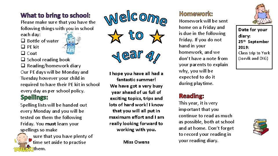 Homework: What to bring to school: Please make sure that you have the following