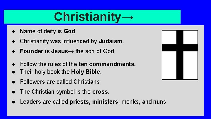 ● Christianity→ Name of deity is God MONOTHEISTIC ● Christianity was influenced by Judaism.