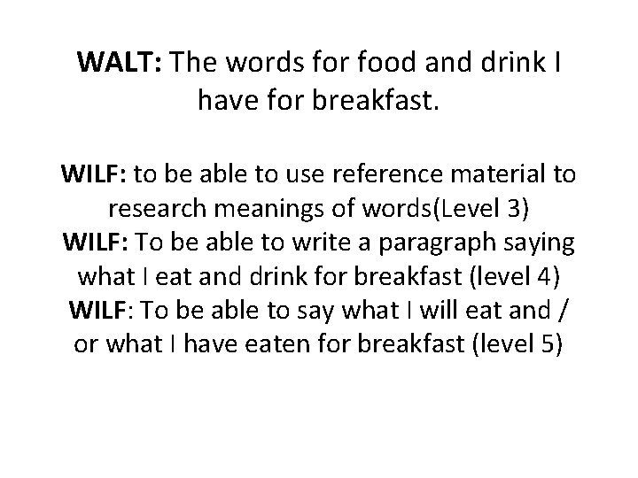 WALT: The words for food and drink I have for breakfast. WILF: to be
