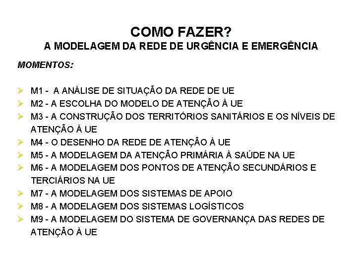COMO FAZER? A MODELAGEM DA REDE DE URGÊNCIA E EMERGÊNCIA MOMENTOS: Ø M 1 COMO FAZER? A MODELAGEM DA REDE DE URGÊNCIA E EMERGÊNCIA MOMENTOS: Ø M 1