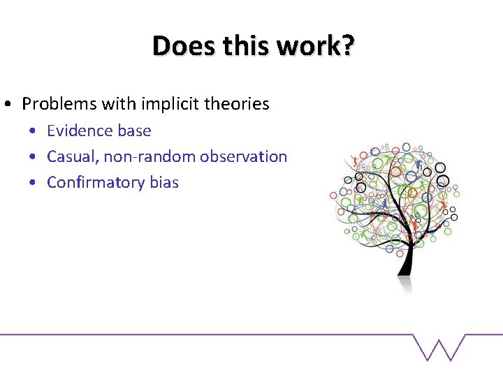 Does this work? • Problems with implicit theories • Evidence base • Casual, non-random