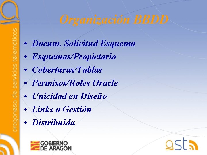 Organización BBDD • • Docum. Solicitud Esquemas/Propietario Coberturas/Tablas Permisos/Roles Oracle Unicidad en Diseño Links