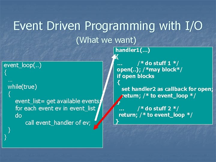 Event Driven Programming with I/O (What we want) event_loop(. . ) { … while(true)