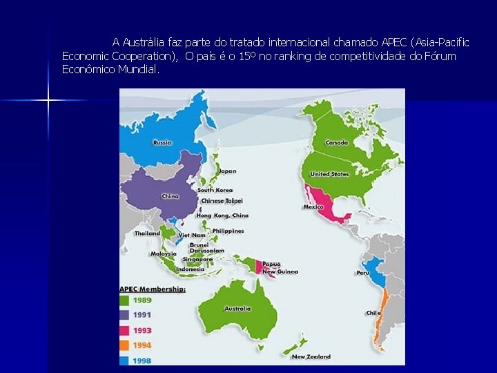  A Austrália faz parte do tratado internacional chamado APEC ( Asia-Pacific Economic Cooperation),