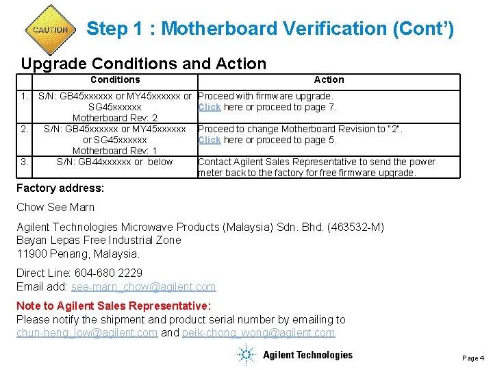 Step 1 : Motherboard Verification (Cont’) Upgrade Conditions and Action Conditions 1. 2. 3.
