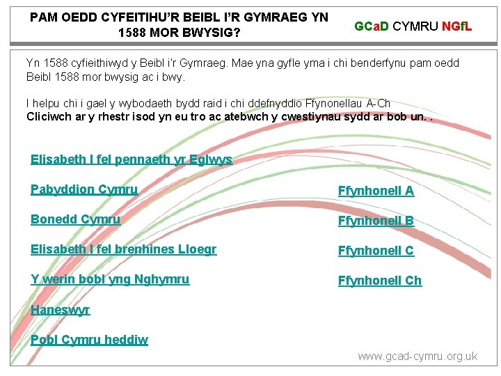 PAM OEDD CYFEITIHU’R BEIBL I’R GYMRAEG YN 1588 MOR BWYSIG? GCa. D CYMRU NGf.