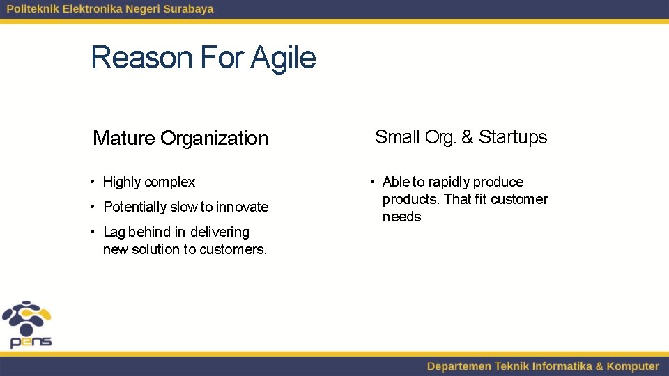 Reason For Agile Mature Organization • Highly complex • Potentially slow to innovate •