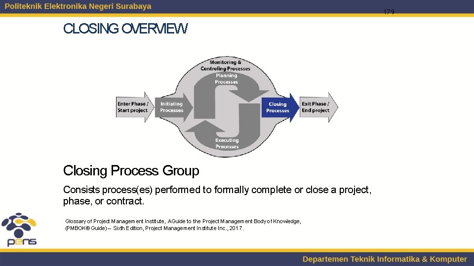 179 CLOSING OVERVIEW Closing Process Group Consists process(es) performed to formally complete or close