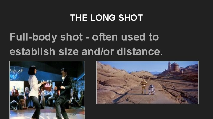 THE LONG SHOT Full-body shot - often used to establish size and/or distance. THE LONG SHOT Full-body shot - often used to establish size and/or distance.