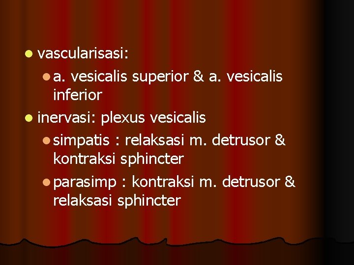 l vascularisasi: l a. vesicalis superior & a. vesicalis inferior l inervasi: plexus vesicalis