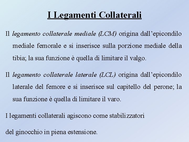 I Legamenti Collaterali Il legamento collaterale mediale (LCM) origina dall’epicondilo mediale femorale e si I Legamenti Collaterali Il legamento collaterale mediale (LCM) origina dall’epicondilo mediale femorale e si