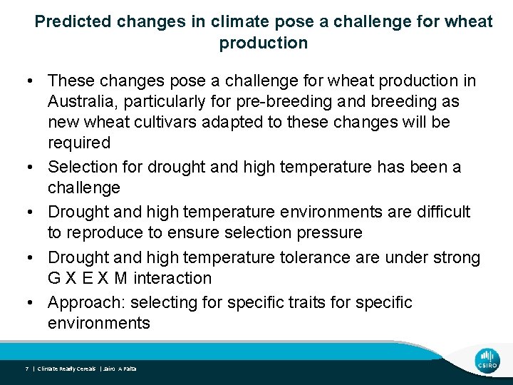 Predicted changes in climate pose a challenge for wheat production • These changes pose