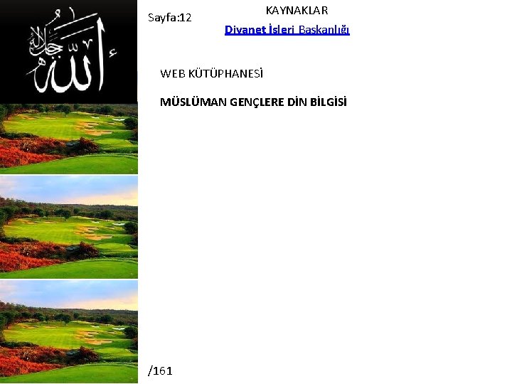Sayfa: 12 KAYNAKLAR Diyanet İşleri Başkanlığı WEB KÜTÜPHANESİ MÜSLÜMAN GENÇLERE DİN BİLGİSİ /161 