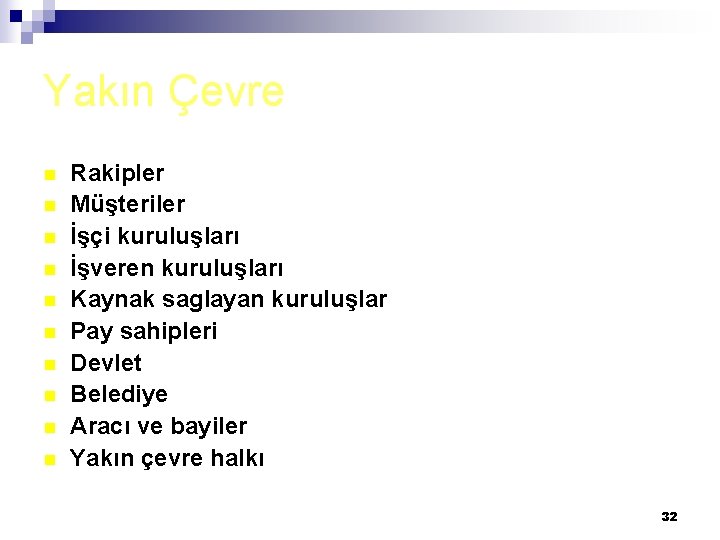 Yakın Çevre n n n n n Rakipler Müşteriler İşçi kuruluşları İşveren kuruluşları Kaynak