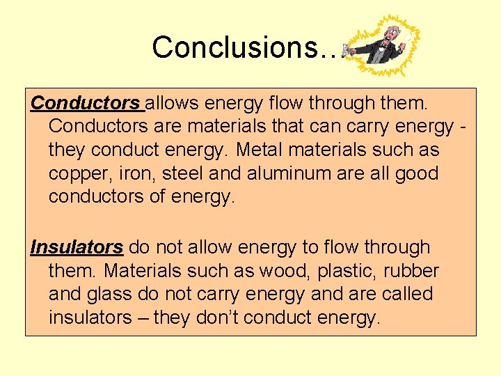 Conclusions… Conductors allows energy flow through them. Conductors are materials that can carry energy