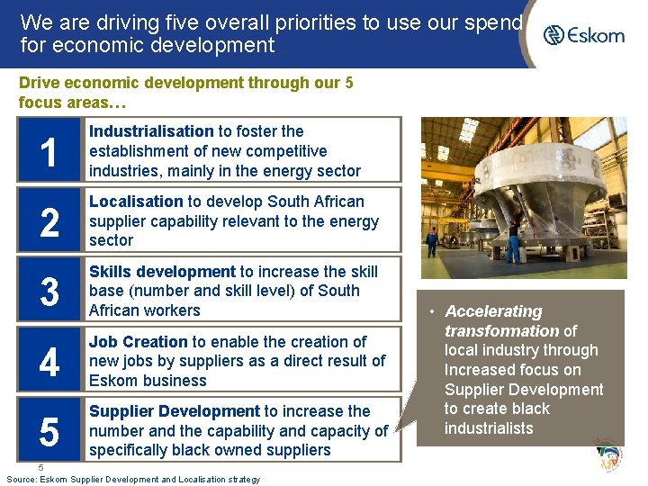 We are driving five overall priorities to use our spend for economic development Drive