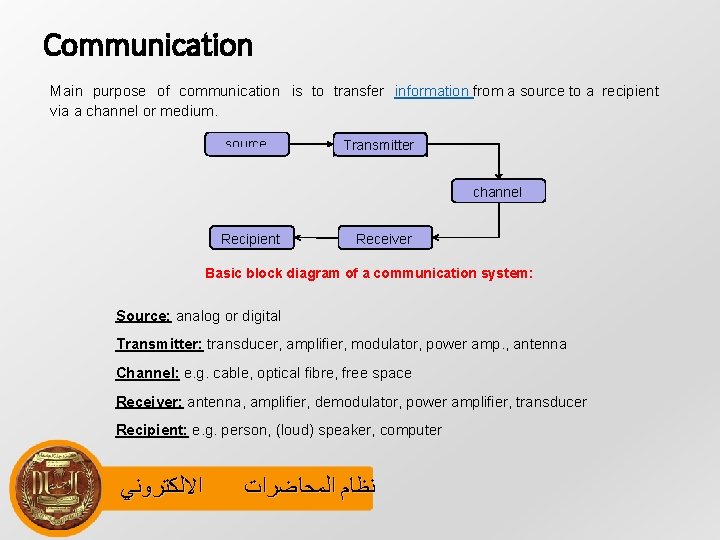 Communication Main purpose of communication is to transfer information from a source to a