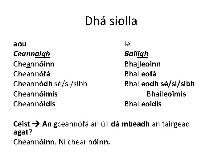 Dhá siolla aou Ceannaigh Cheannóinn Cheannófá Cheannódh sé/sí/sibh Cheannóimis Cheannóidís ie Bailigh Bhaileoinn Bhaileofá