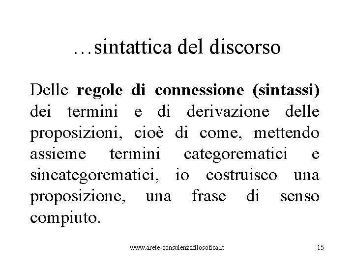 …sintattica del discorso Delle regole di connessione (sintassi) dei termini e di derivazione delle