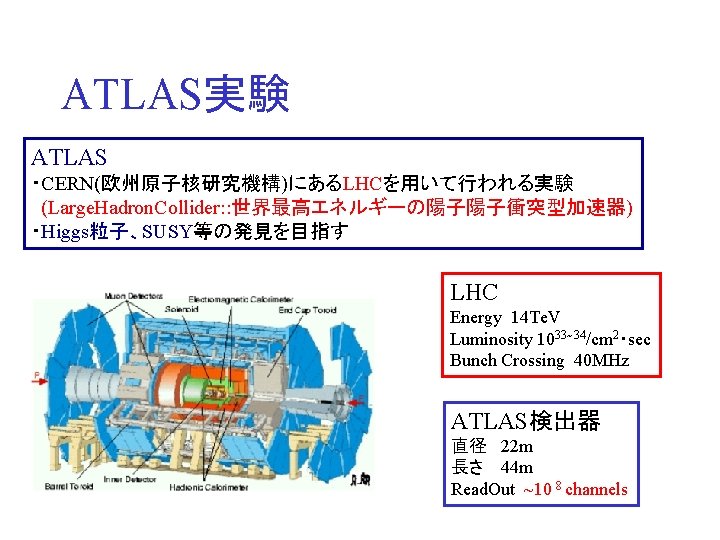 ATLAS実験 ATLAS ・CERN(欧州原子核研究機構)にあるLHCを用いて行われる実験 (Large. Hadron. Collider: : 世界最高エネルギーの陽子陽子衝突型加速器) ・Higgs粒子、SUSY等の発見を目指す LHC Energy 14 Te. V