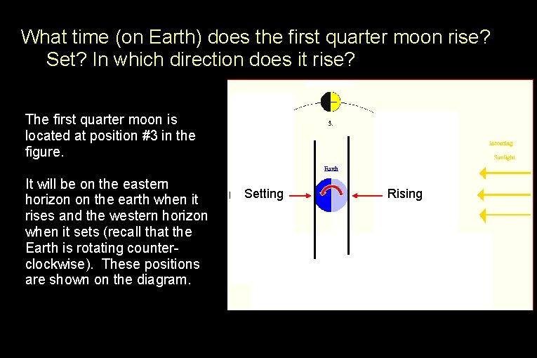 What time (on Earth) does the first quarter moon rise? Set? In which direction