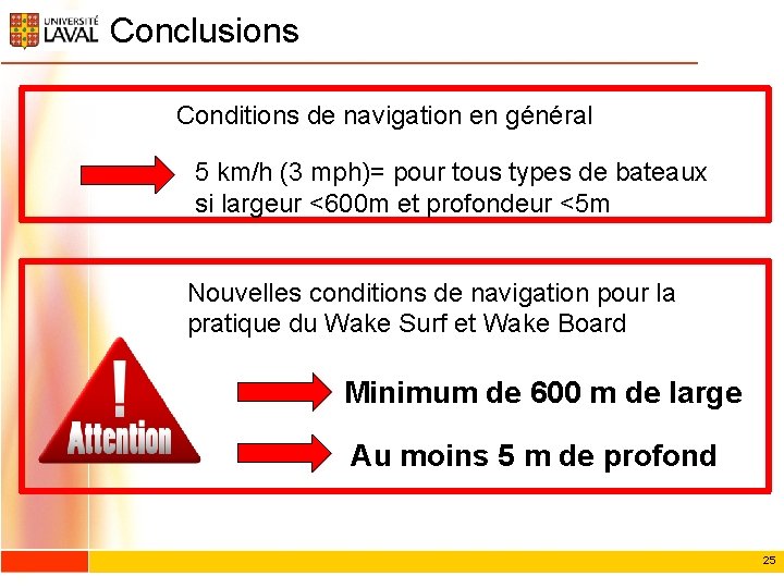 Conclusions Conditions de navigation en général 5 km/h (3 mph)= pour tous types de