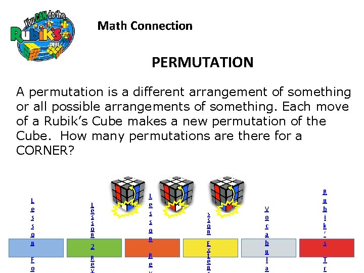 PERMUTATION A permutation is a different arrangement of something or all possible arrangements of