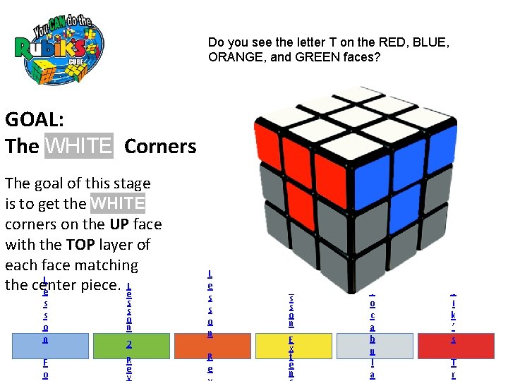 Do you see the letter T on the RED, BLUE, ORANGE, and GREEN faces?