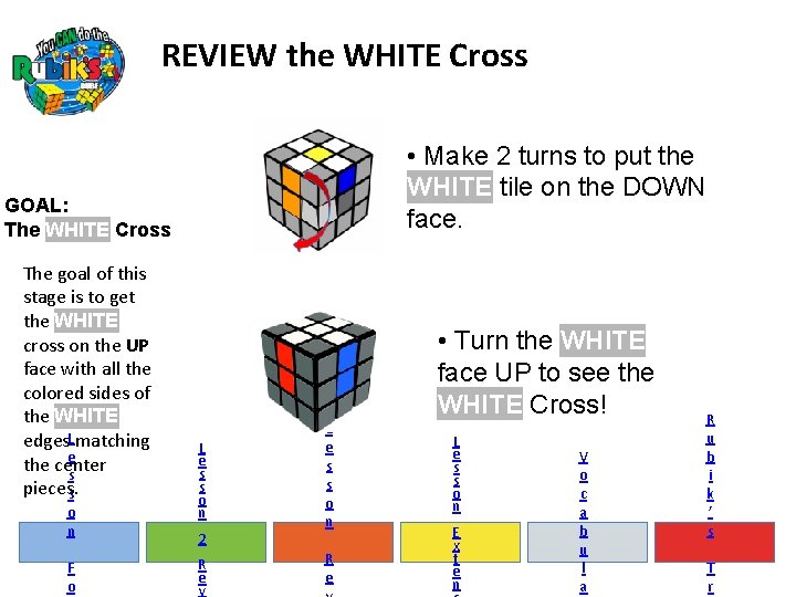 REVIEW the WHITE Cross • Make 2 turns to put the WHITE tile on