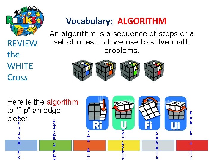 Vocabulary: ALGORITHM REVIEW the WHITE Cross An algorithm is a sequence of steps or