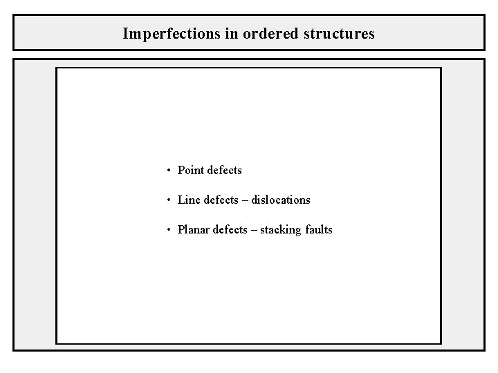 Imperfections in ordered structures • Point defects • Line defects – dislocations • Planar