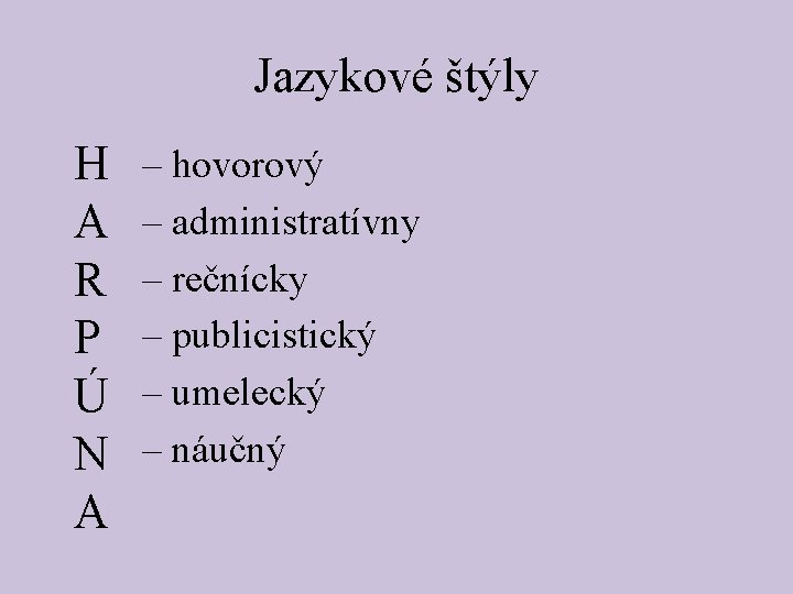 Jazykové štýly H A R P Ú N A – hovorový – administratívny –