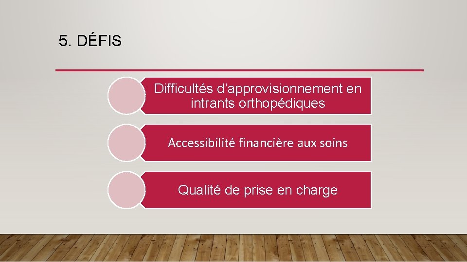 5. DÉFIS Difficultés d’approvisionnement en intrants orthopédiques Accessibilité financière aux soins Qualité de prise 5. DÉFIS Difficultés d’approvisionnement en intrants orthopédiques Accessibilité financière aux soins Qualité de prise