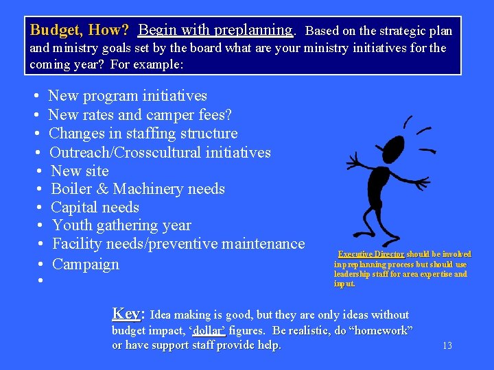 Budget, How? Begin with preplanning Based on the strategic plan and ministry goals set