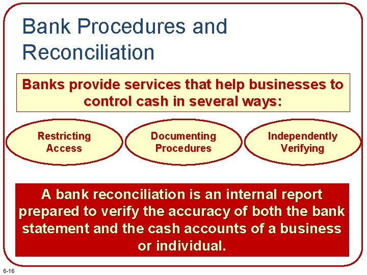 Bank Procedures and Reconciliation Banks provide services that help businesses to control cash in
