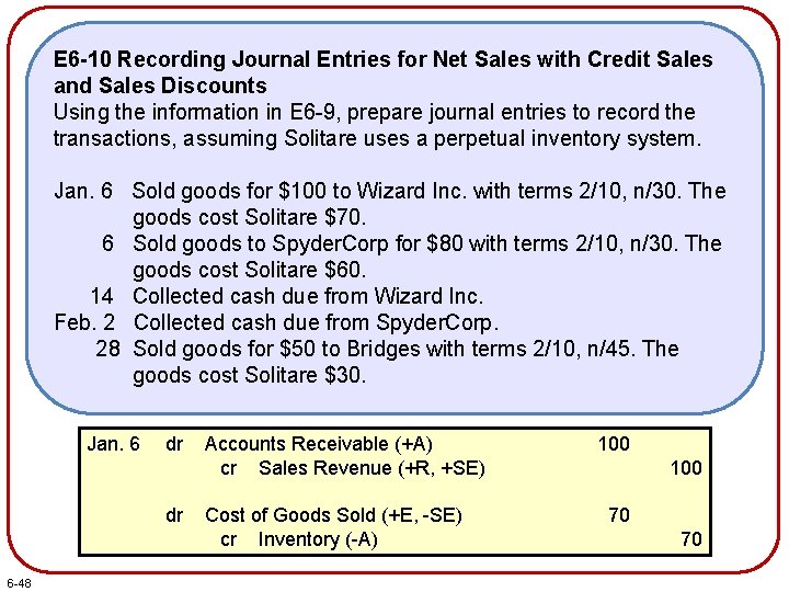E 6 -10 Recording Journal Entries for Net Sales with Credit Sales and Sales