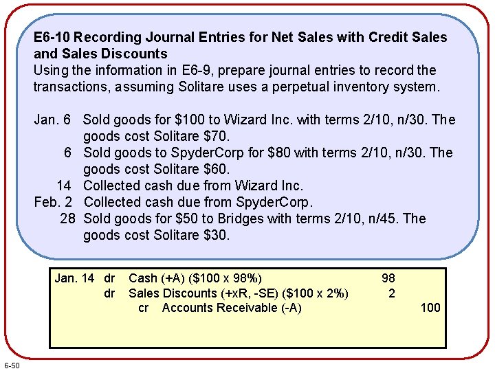 E 6 -10 Recording Journal Entries for Net Sales with Credit Sales and Sales