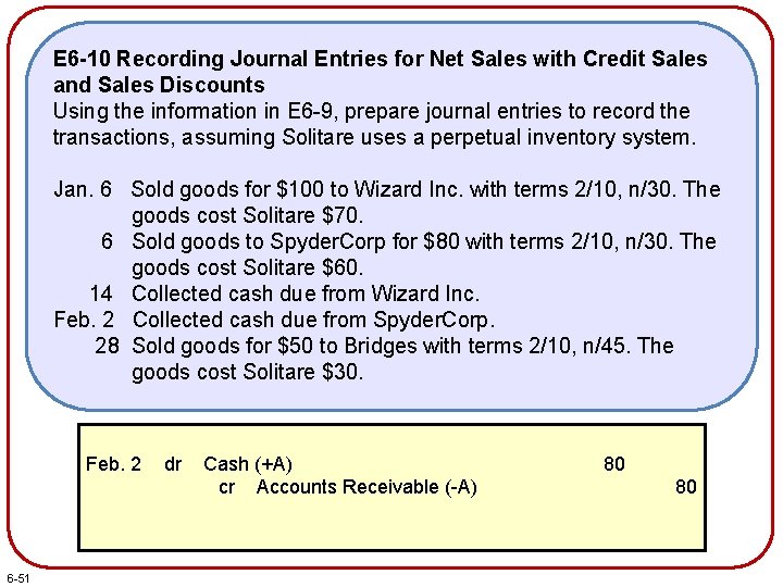 E 6 -10 Recording Journal Entries for Net Sales with Credit Sales and Sales